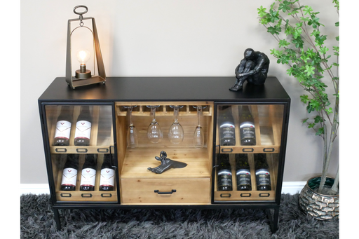 Wine Floor Cabinet, Modern Metal Frme, Wooden Shelves, Glass Doors