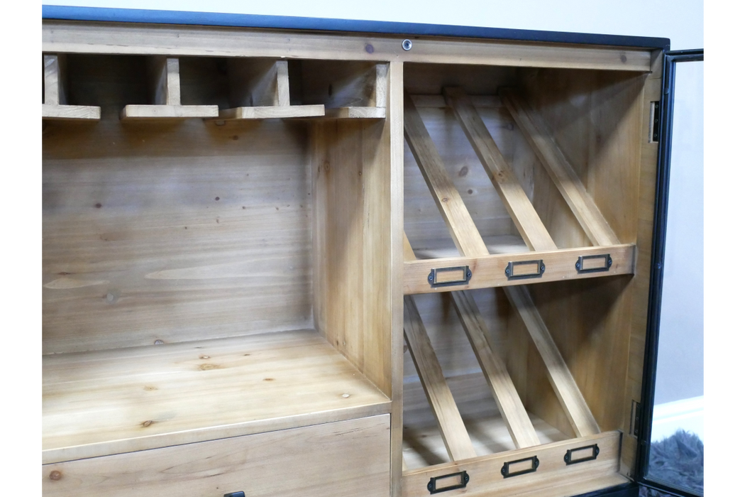 Wine Floor Cabinet, Modern Metal Frme, Wooden Shelves, Glass Doors