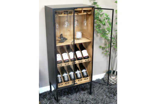 Wine Floor Cabinet, Black Metal, Wooden Shelves, Glass Door, Floor Standing