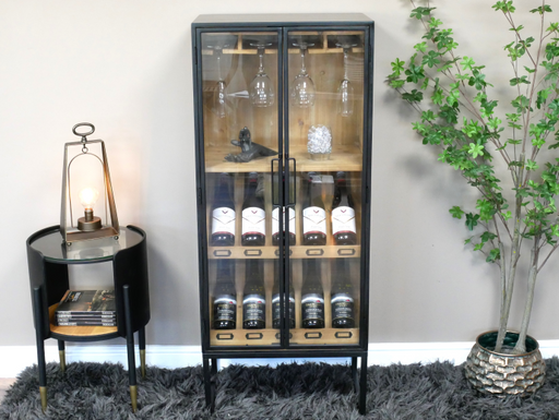 Wine Floor Cabinet, Black Metal, Wooden Shelves, Glass Door, Floor Standing