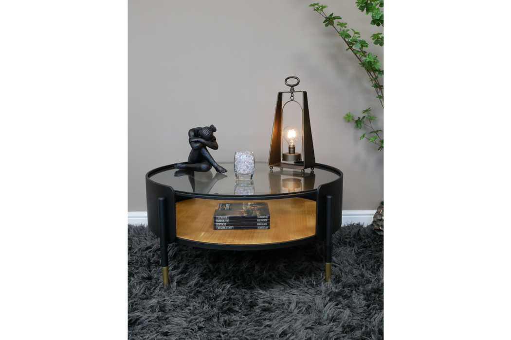 Round Coffee Table, Black Metal Frame, Natural Wood, Lower Shelf, Glass Top  