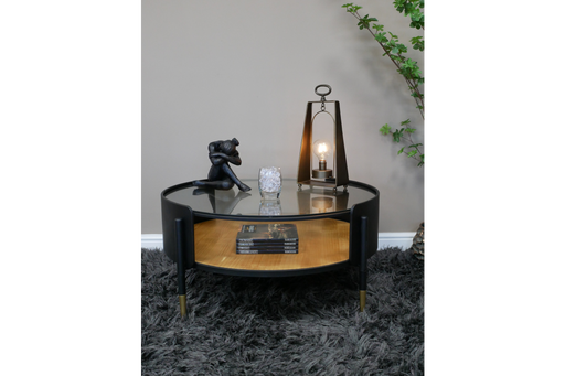 Round Coffee Table, Black Metal Frame, Natural Wood, Lower Shelf, Glass Top  