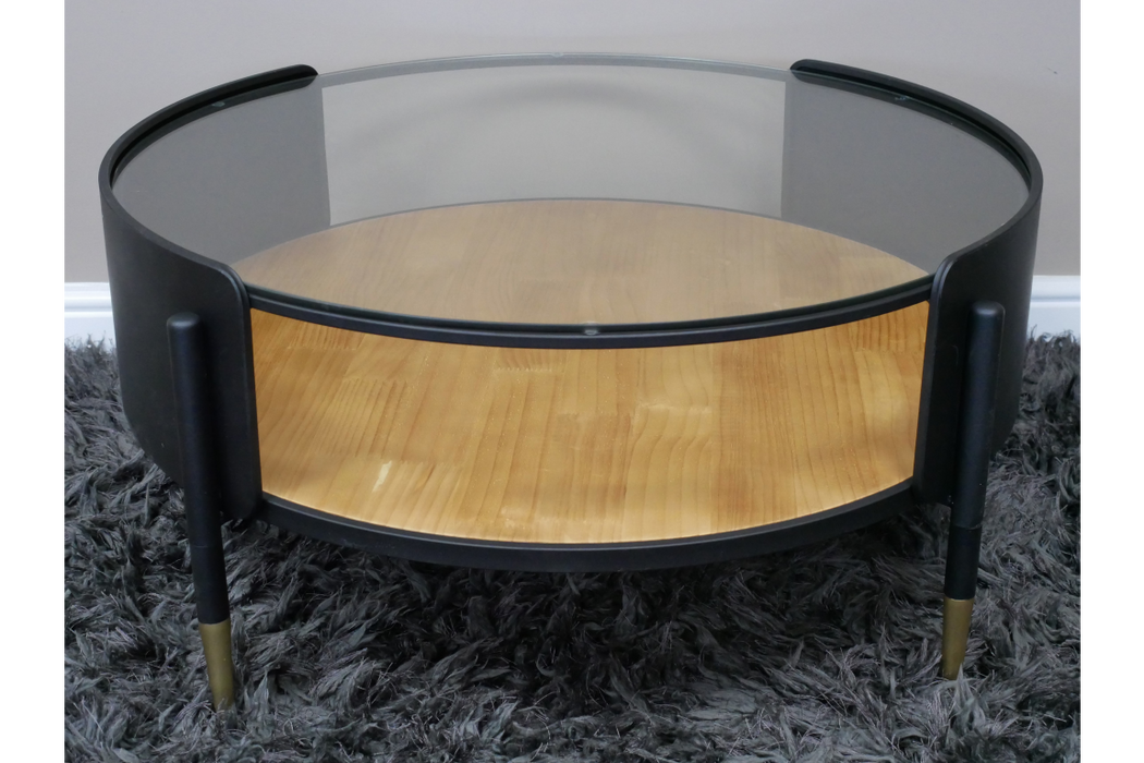 Round Coffee Table, Black Metal Frame, Natural Wood, Lower Shelf, Glass Top