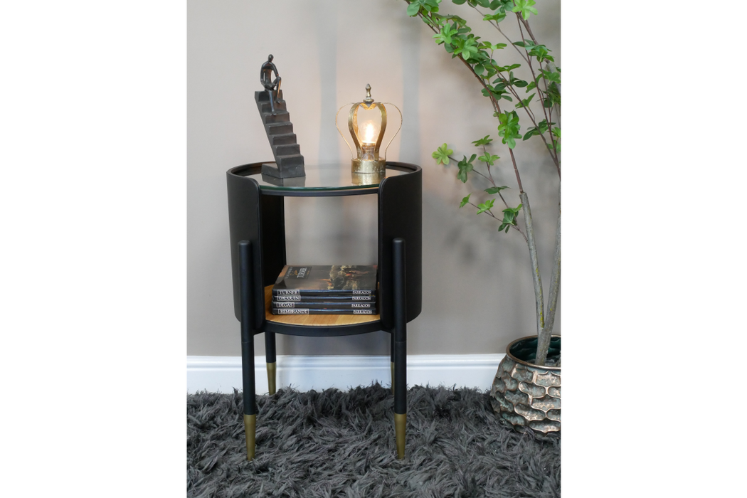 Side Table, Black Round Metal Frame, Natural Round Wooden Base, Glass Top 