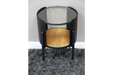 Side Table, Black Round Metal Frame, Natural Round Wooden Base, Glass Top 