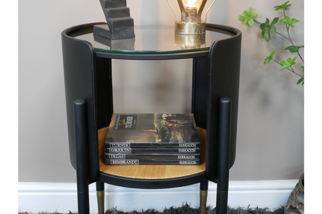 Side Table, Black Round Metal Frame, Natural Round Wooden Base, Glass Top