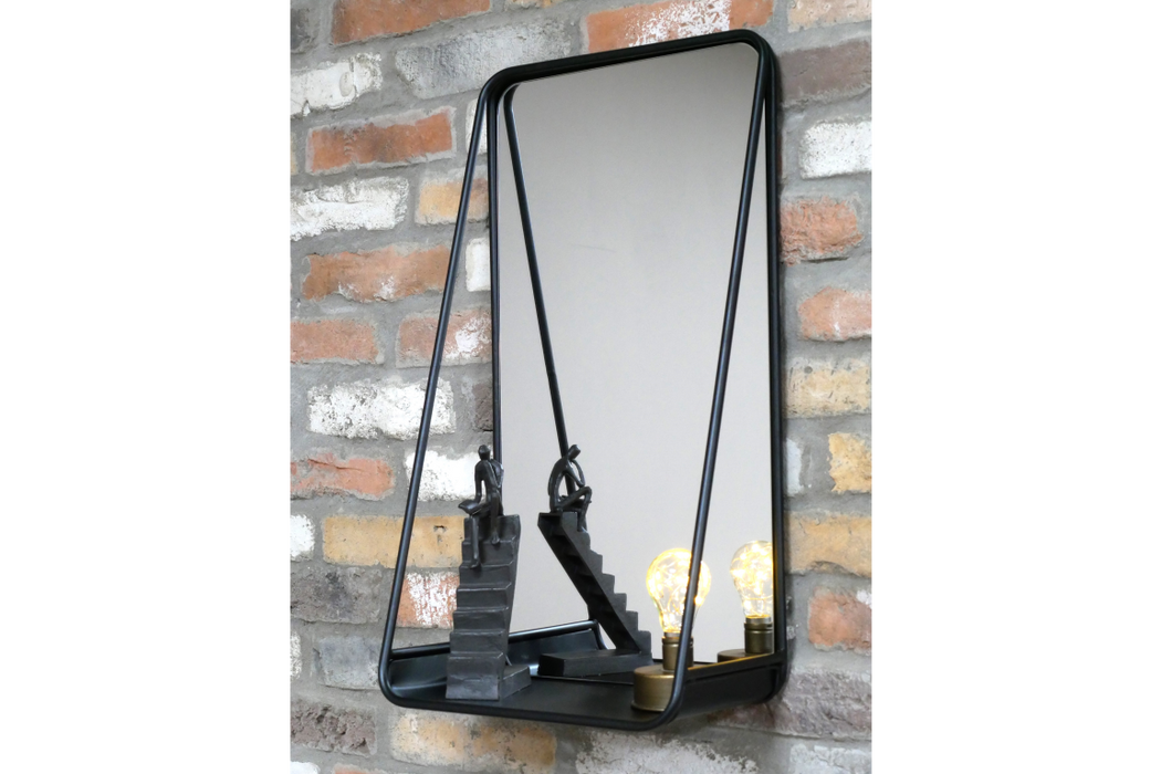Rectangular Wall Mirror, Black Metal, Shelf, 65 x 35cm