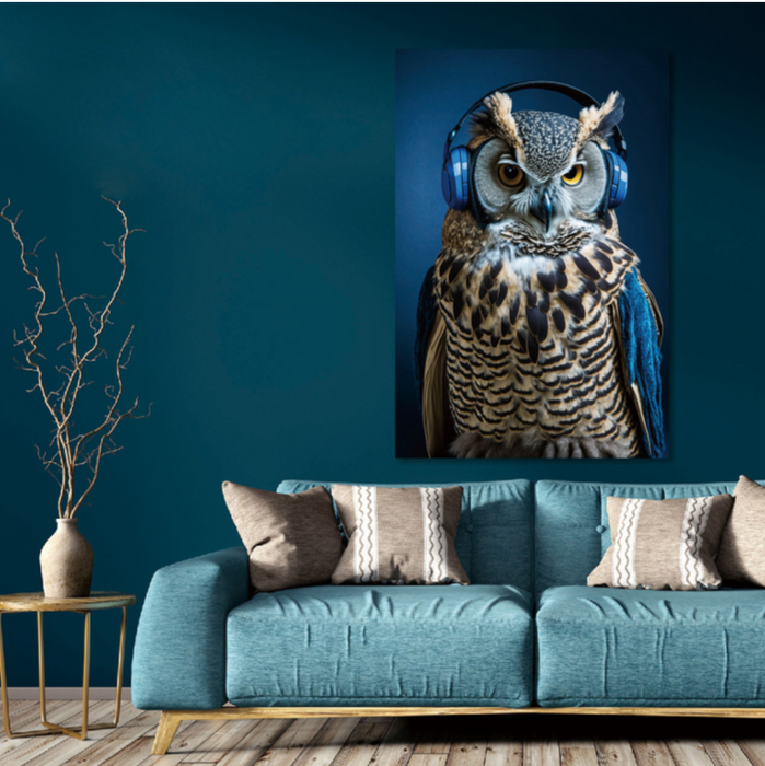 Funky Animal Wall Art 'Blues Owl Wearing Headphone'