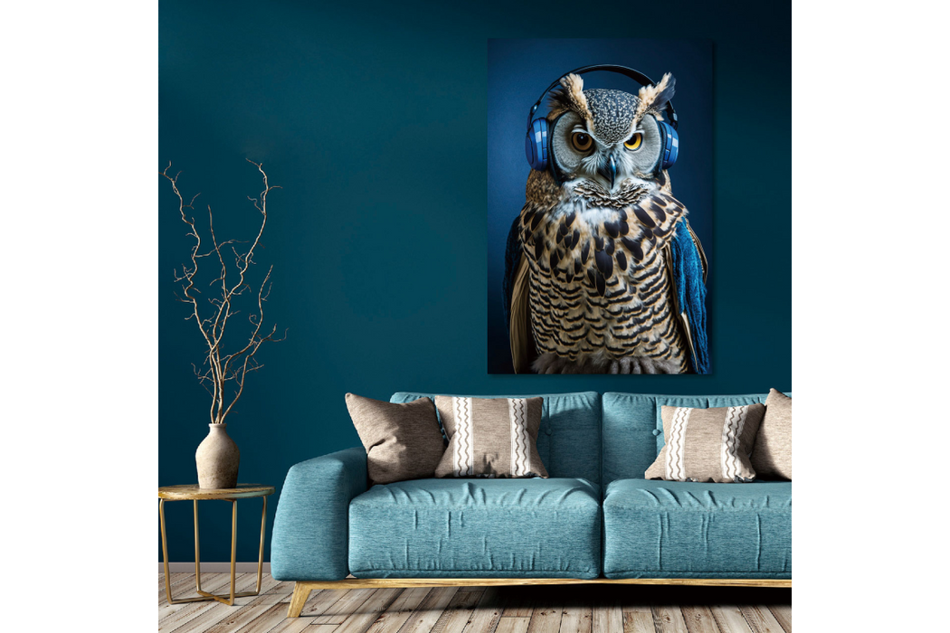 Funky Animal Wall Art 'Blues Owl Wearing Headphone'