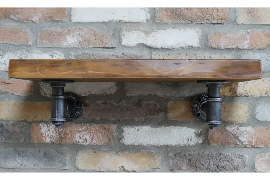 Industrial Wooden Wall Shelf,  Metal Pipe, Natural
