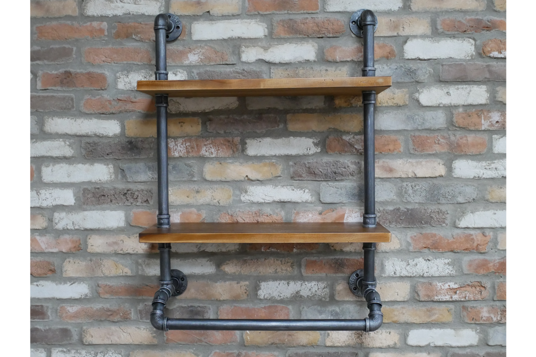 Industrial Wall Shelf Unit, Metal Pipe Frame, Rectangular, Two Wooden Shelf, Natural