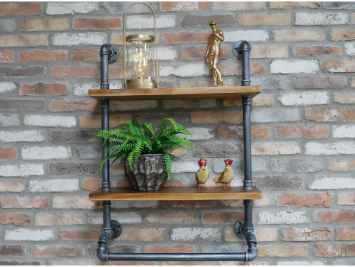 Industrial Wall Shelf Unit, Metal Pipe Frame, Rectangular, Two Wooden Shelf, Natural