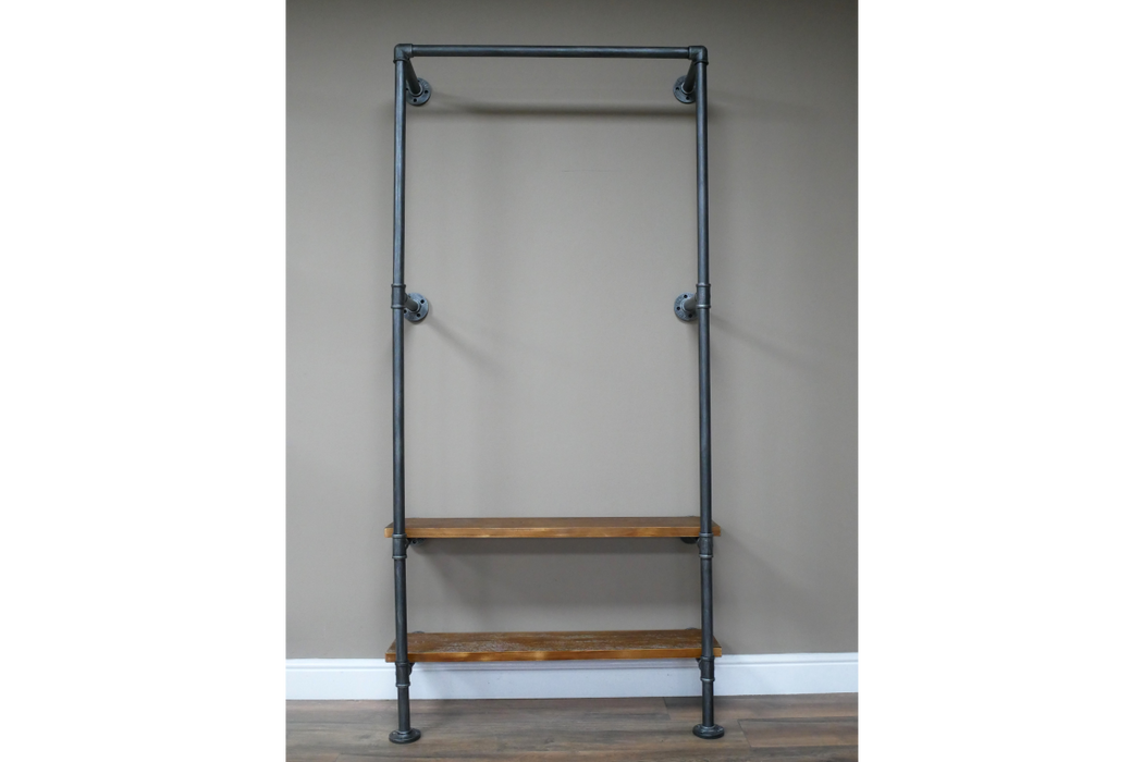 Industrial Rectangular Floor Shelf, Metal Pipe Frame, Wooden Shelf, Natural