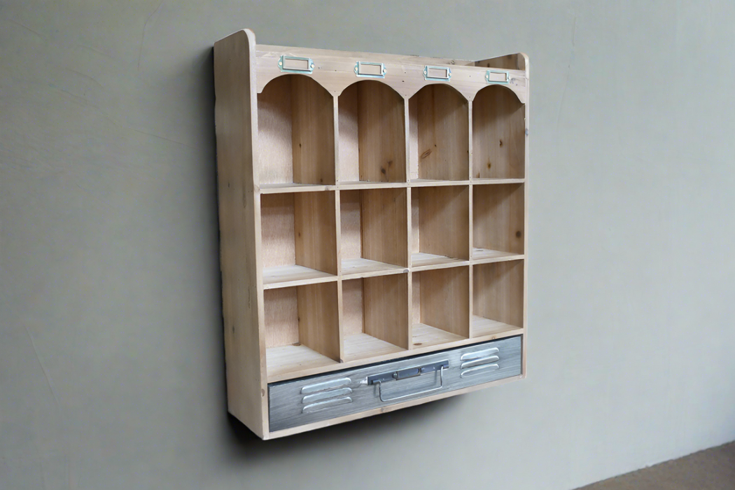 Crofton Wall Shelf, Natural Wood & Metal, 12 compartments, 1 drawer