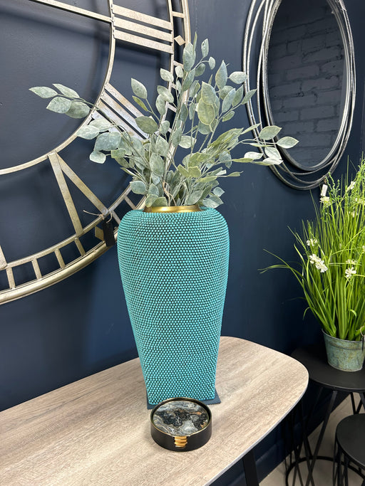 Decorative Flower Stem Vase, Ceramic, Turquoise, Gold Beaded 
