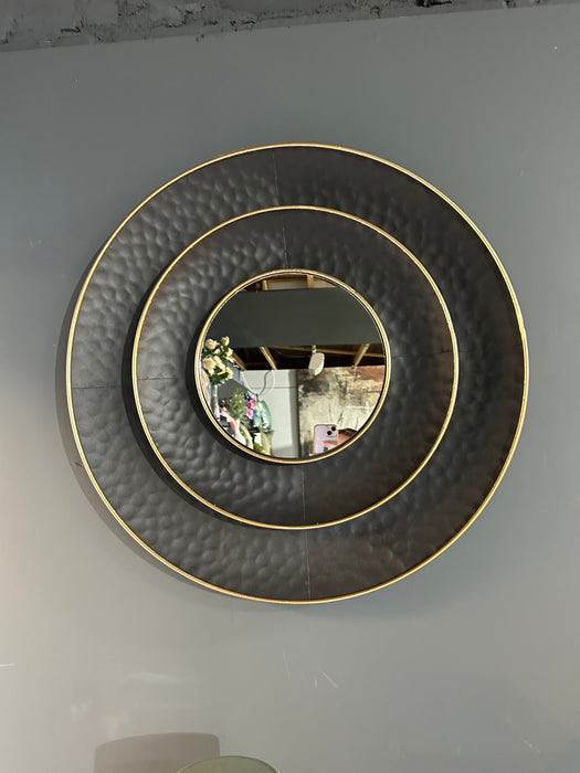 Jules Round Wall Mirror With A Hammered Black & Gold Metal Finish - 70 cm