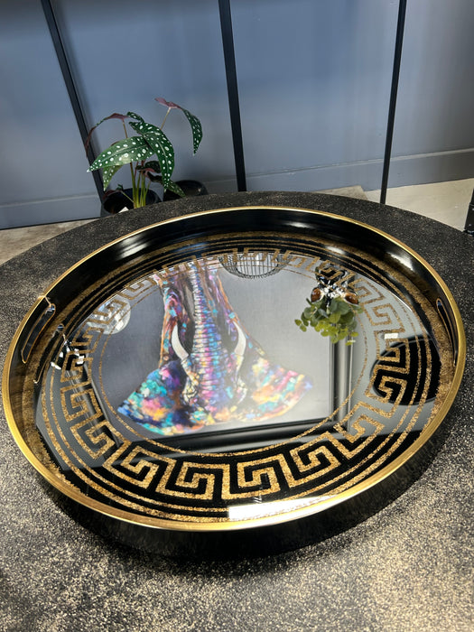 Black & Gold Decorative Tray Round, Mirrored, Aztec Design