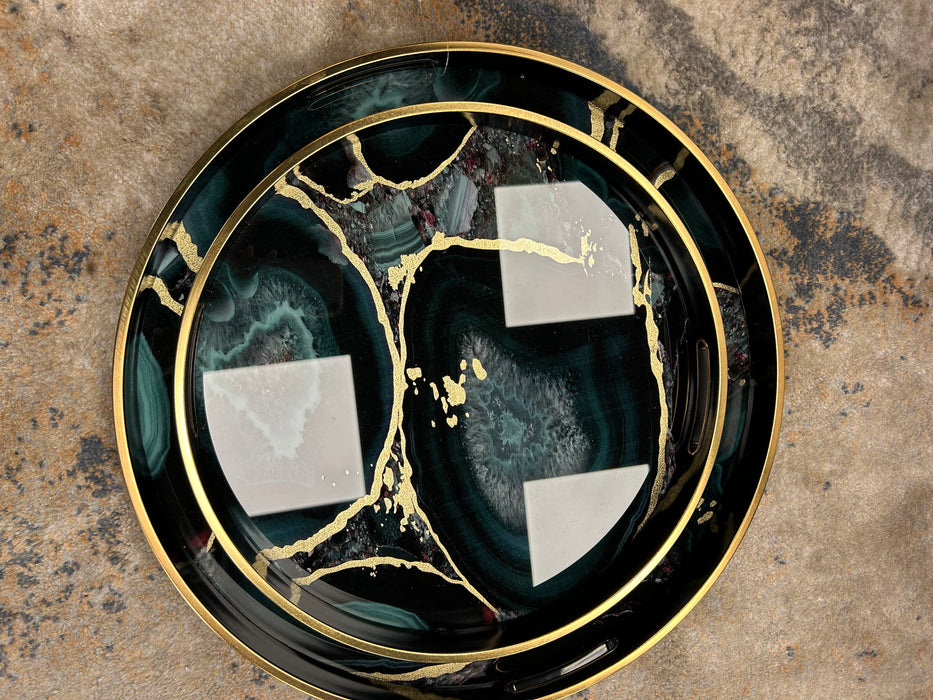 Black & Gold Decorative Trays, Round, Blue Marble Design