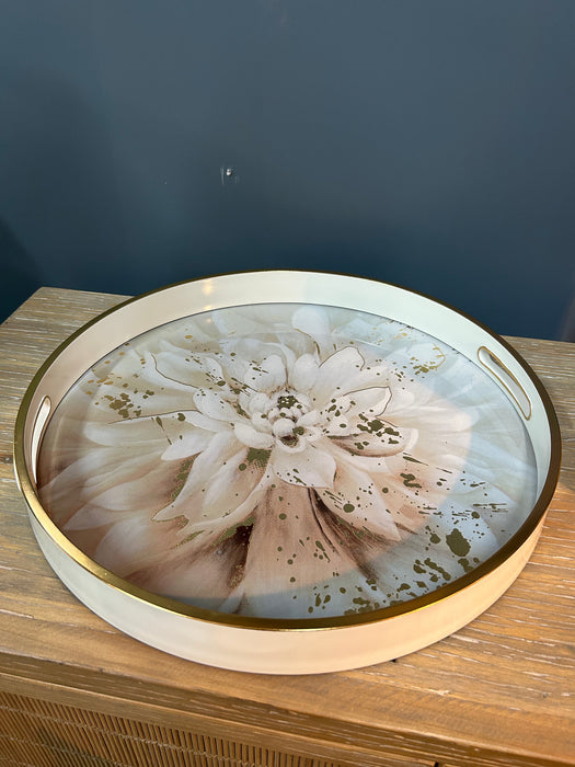 White & Gold Decorative Tray, Round, Flower Design