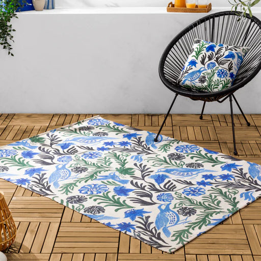 Alentejo Indoor/Outdoor Rug, Floral Design, Ocean Blue, Washable 