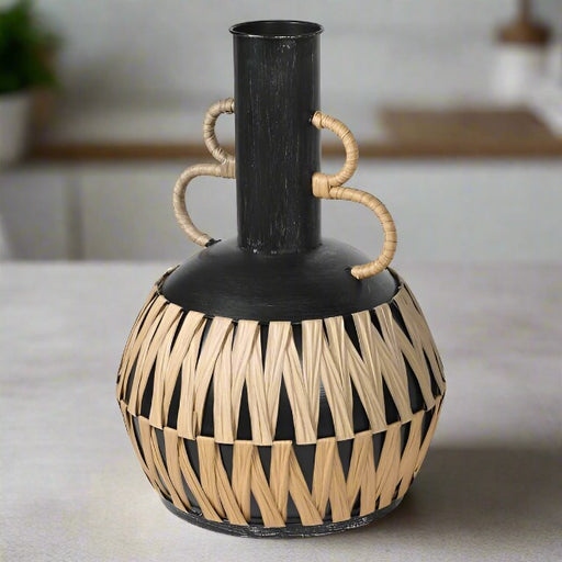 Petra Decorative Vase, Black Metal, Natural Rattan