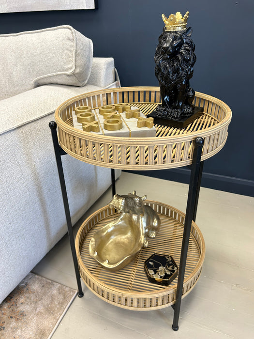 Round Side Table, Black Metal Frame, Two-Tiered Design Basket