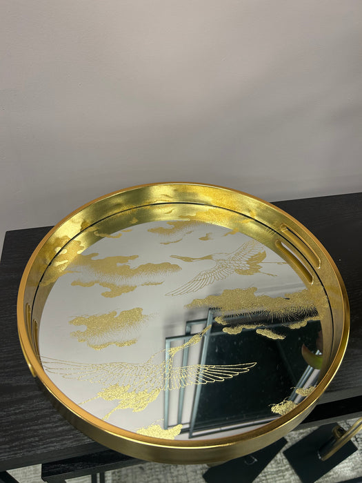 Antique Gold Decorative Tray, Round, Mirrored, Bird Design