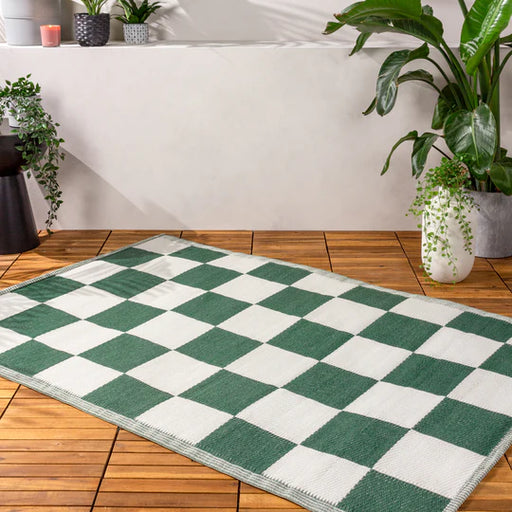 Checkerboard Outdoor Rug, Check Design, Green, Recycled