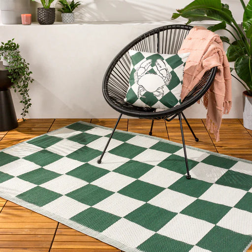 Checkerboard Outdoor Rug, Check Design, Green, Recycled
