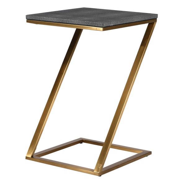 Z Shaped Side Table, Grey Metal Frame, Gold Shagreen Finish, 62 x 37 cm