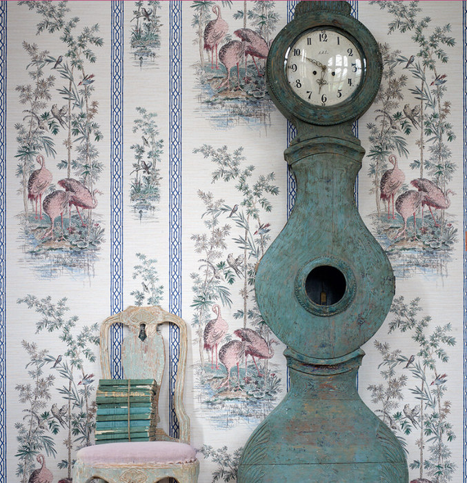 Zoffany Wallpaper - Cotswold Manor - Storks & Thrushes (Sold by the metre) - Tuscan Pink/ Cobalt