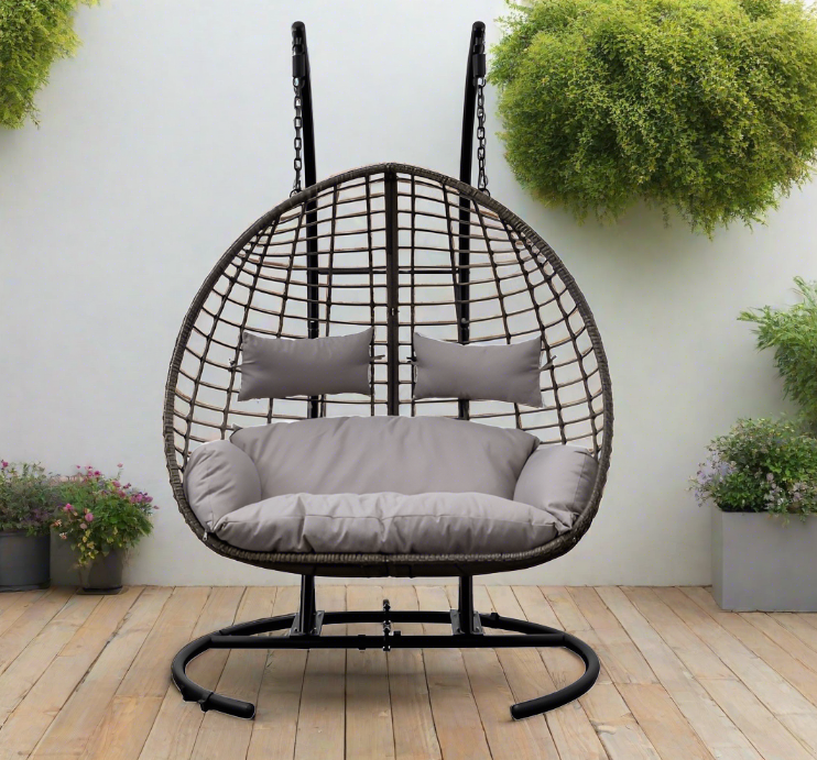 Artesia Outdoor Hanging 2 Seater Chair, Natural Rattan, Cream Cushions