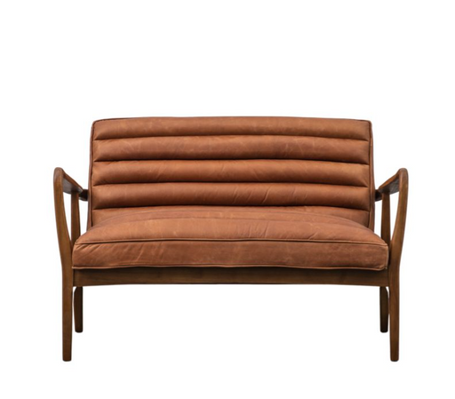 Caserta 2 Seater Sofa, Vintage Brown Leather, Solid Oak Angled Frame, Horizontal Channel Stitching