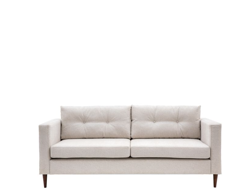Devon 3 Seater Sofa, Cream Fabric, Block Arms, Tapered Wooden Feet
