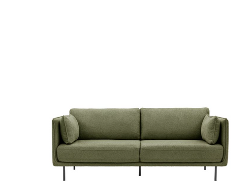 Chiswick 3 Seater Sofa, Green Boucle Fabric, Black Metal Legs, Slim Arms, Side Cushions