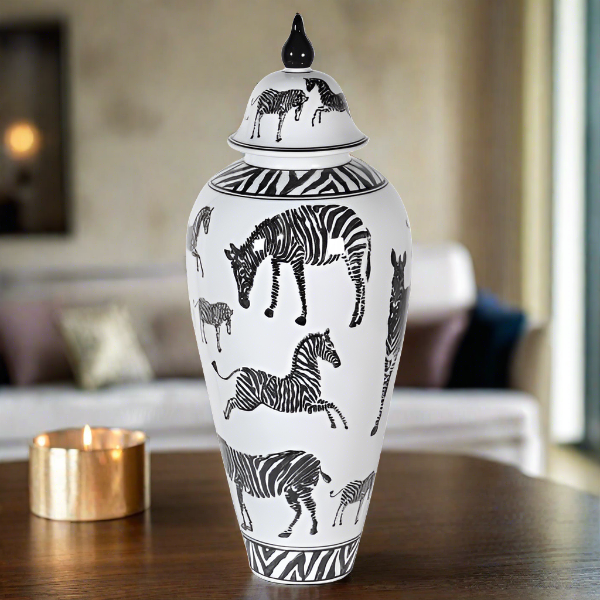 Zebra Print Decorative Jar, Ceramic, Black, White - Small