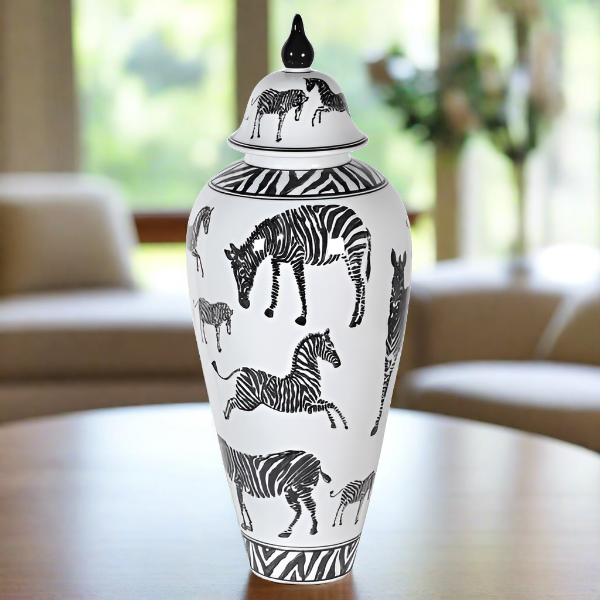 Zebra Print Decorative Jar, Ceramic, Black, White - Small