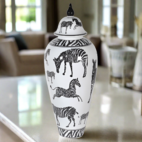 Zebra Print Decorative Jar, Ceramic, Black, White - Large