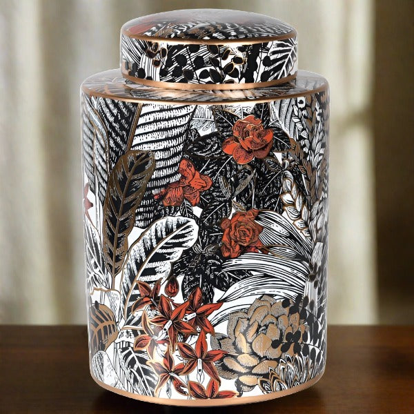 Helmsley Ceramic Lidded Jar, Feather & Leaf Design Print