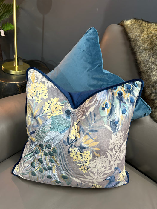 Pippa Cushion - Velvet Upholstery with Embroidered Blue Peacocks - 45 x 45 Blue
