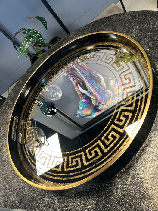Decorative Round Black Tray With Mirrored Gold Design