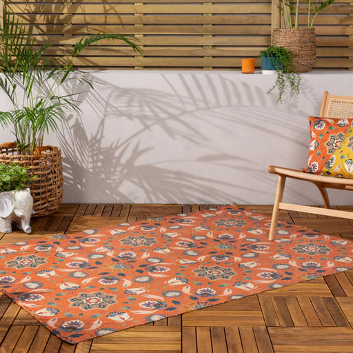 Folk Flora Indoor/Outdoor Rug, Floral Design, Orange, Washable 