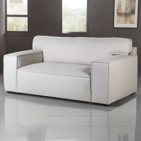 Modern Two Seater Sofa, Cream Linen Fabric, Square Arms (EX Display)