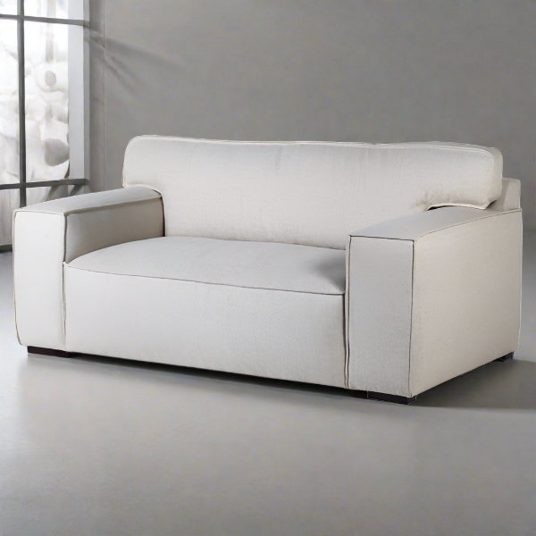 Modern Two Seater Sofa, Cream Linen Fabric, Square Arms (EX Display)