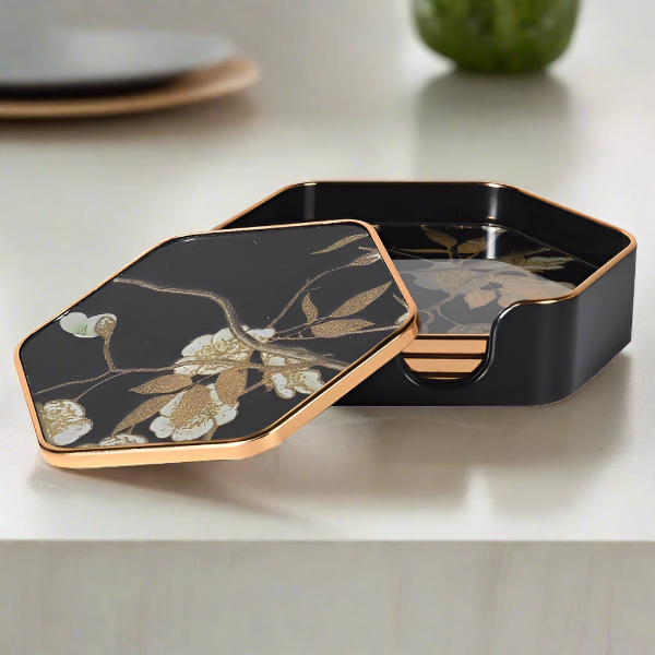 Floral Coasters, Gold & Black, Hexagon  - Set of 4