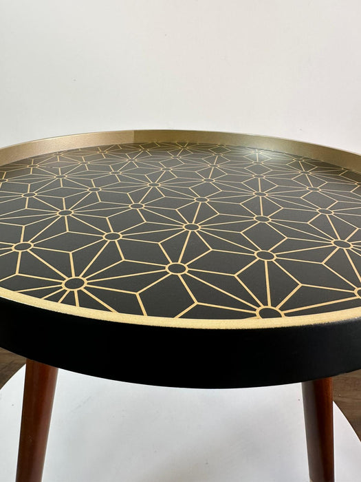 Wooden Side Table, Floral Design, Three Legs, Round Black Top