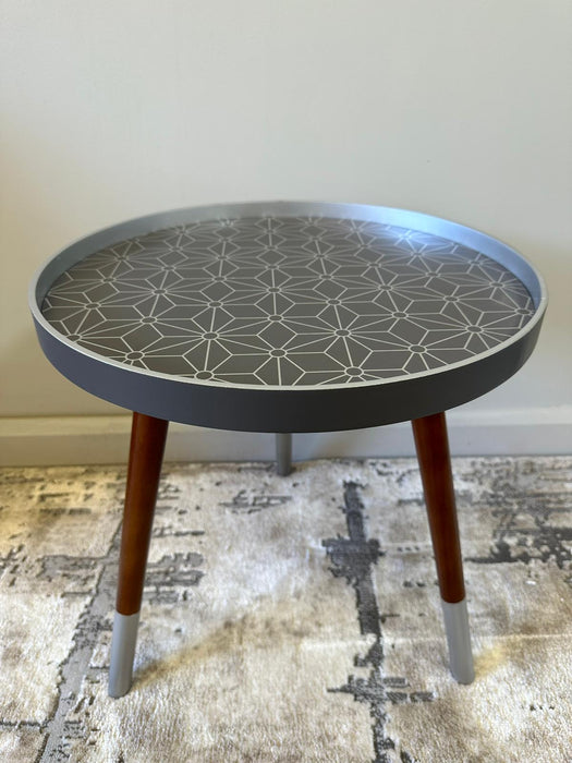 Tripod Wooden Side Table, Floral Design, Steel Grey, Round Tabletop