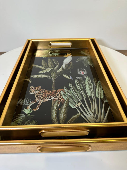 Aged Gold & Black Decorative Trays, Rectangle, Jungle Design, S/2
