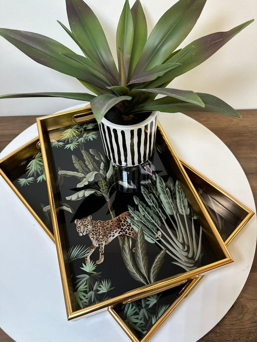 Aged Gold & Black Decorative Trays, Rectangle, Jungle Design, S/2