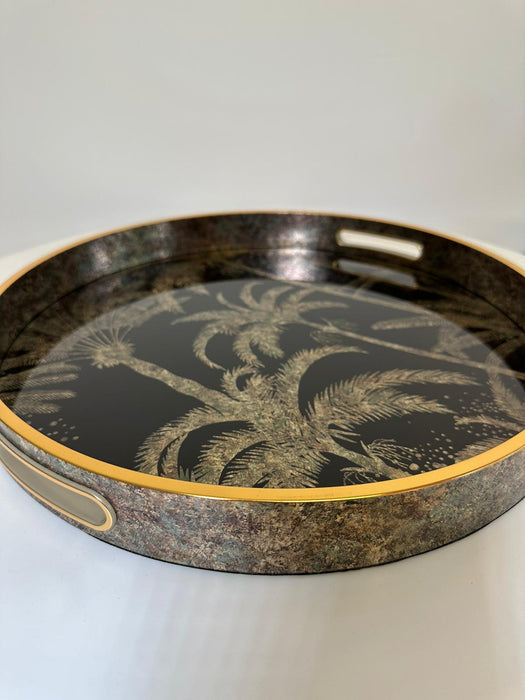 Black & Gold Decorative Tray, Palm Tree Design, Round
